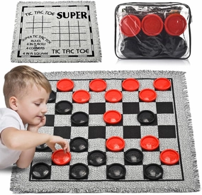 Giant Checkers Board Game Set,3 in 1 Jumbo Tic Tac Toe Game,Classic Checkers Board Game for Kids & Adults,Large Checkers Rug Game Mat,Indoor Outdoor Yard Game for Family Camping Party