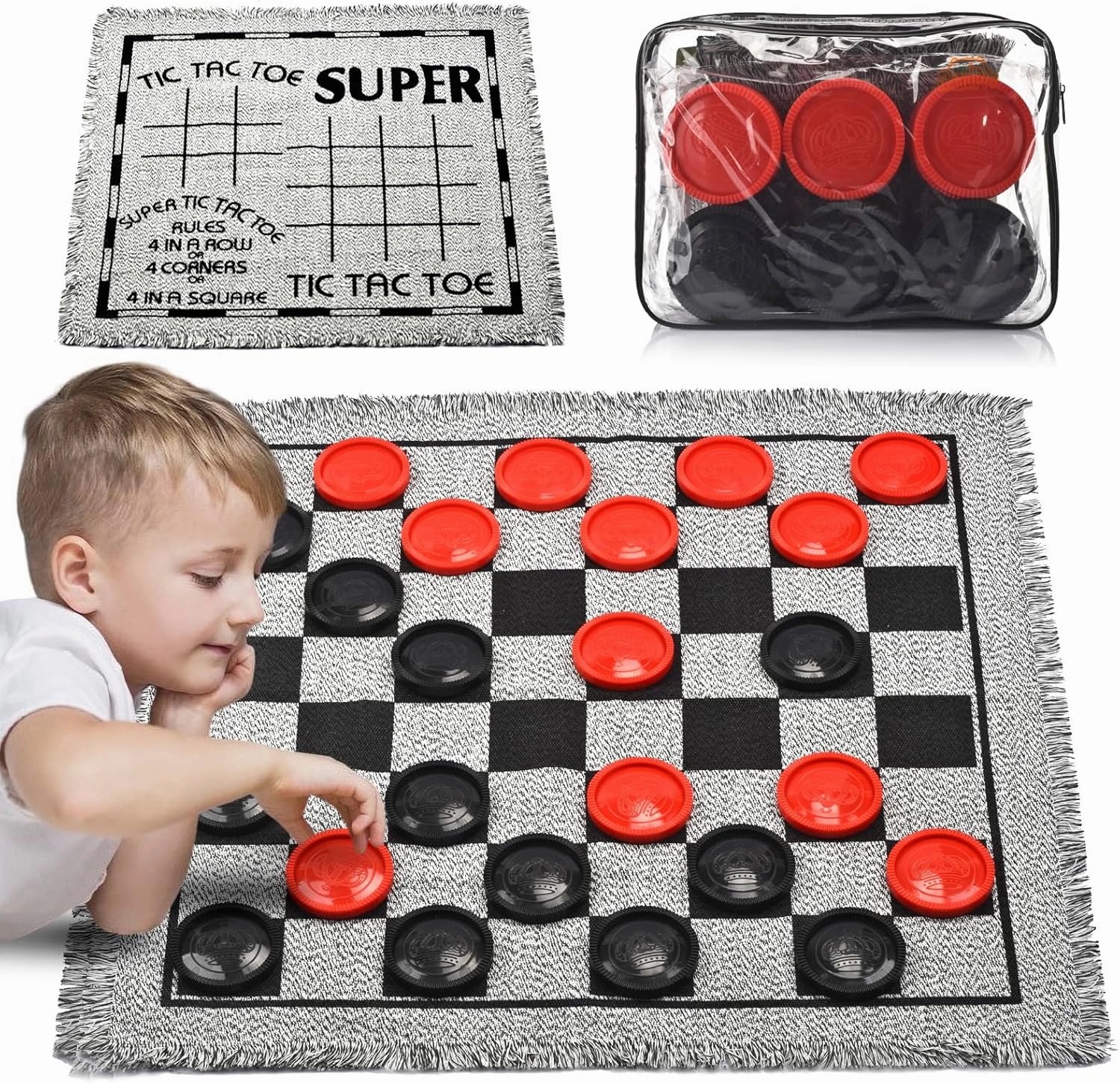 Giant Checkers Board Game Set,3 in 1 Jumbo Tic Tac Toe Game,Classic Checkers Board Game for Kids & Adults,Large Checkers Rug Game Mat,Indoor Outdoor Yard Game for Family Camping Party