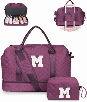 Gift Ideas for Her, Birthday Gift-Initial Travel Bag with Shoe Compartment, Personalized Weekender Bag, Monogram Overnight Bag for Women, Letter Travel Bag with Makeup Bag (Letter M)