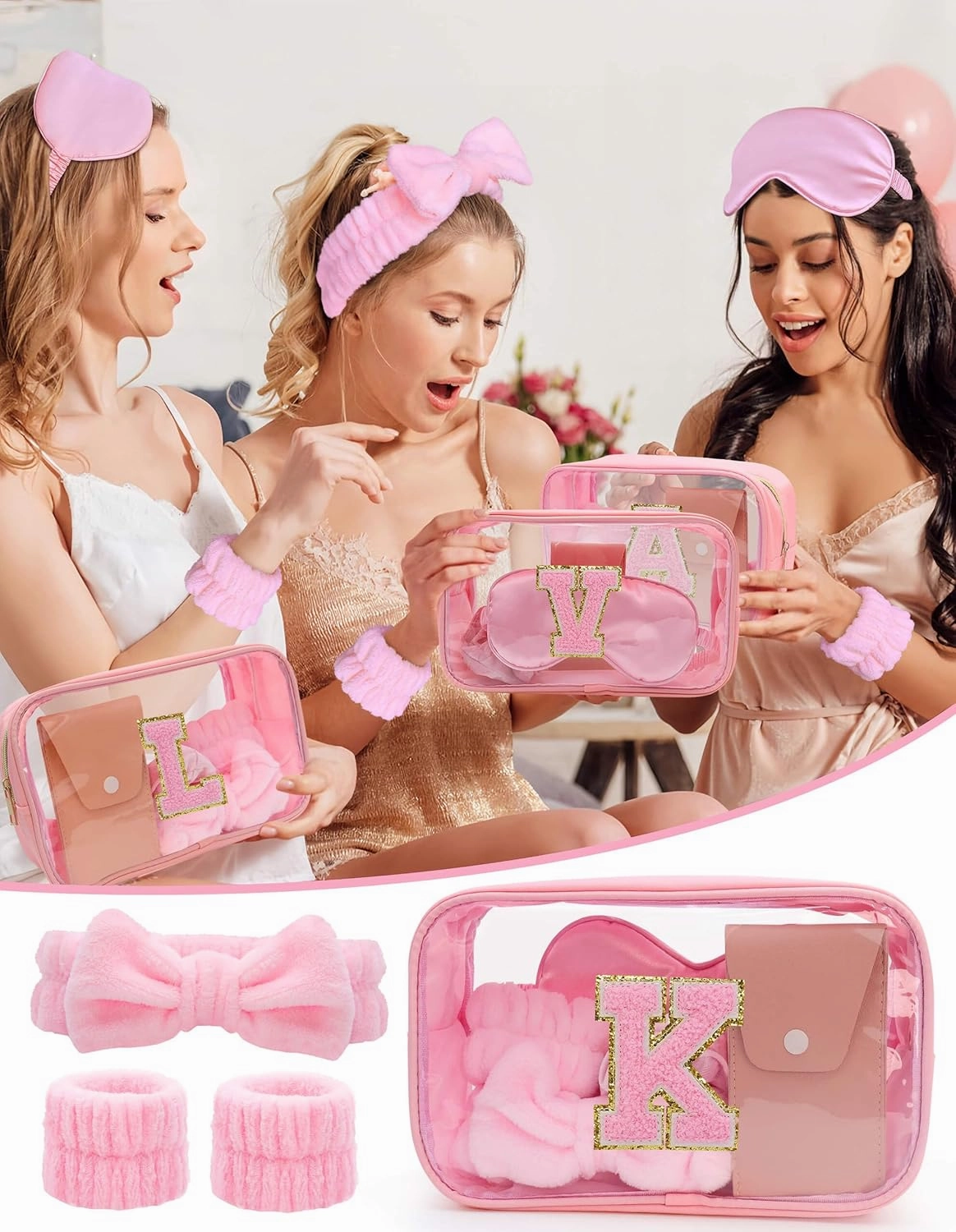 Gift Sets for Women, Initial Makeup Bag with Makeup Brush Set Bachelorette Party Favors, Pink Spa Kit with Skincare Headbands Wrist Bands Sleepover Party Supplies Gifts for Teen Girls Bridesmaid K