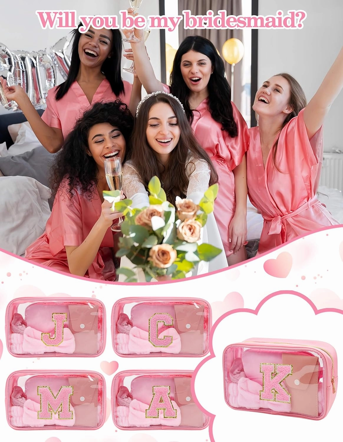 Gift Sets for Women, Initial Makeup Bag with Makeup Brush Set Bachelorette Party Favors, Pink Spa Kit with Skincare Headbands Wrist Bands Sleepover Party Supplies Gifts for Teen Girls Bridesmaid K