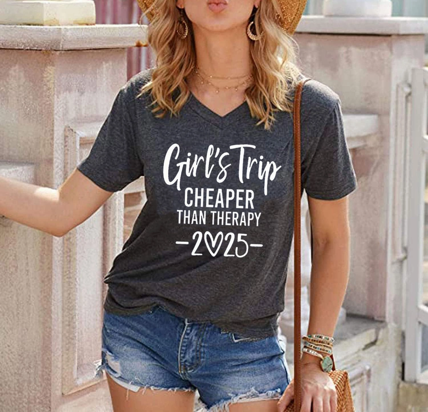 Girls Trip Cheaper Than Therapy Tshirt Women Funny Letter Print Short Sleeve V Neck T Shirt Summer Vacation Tees