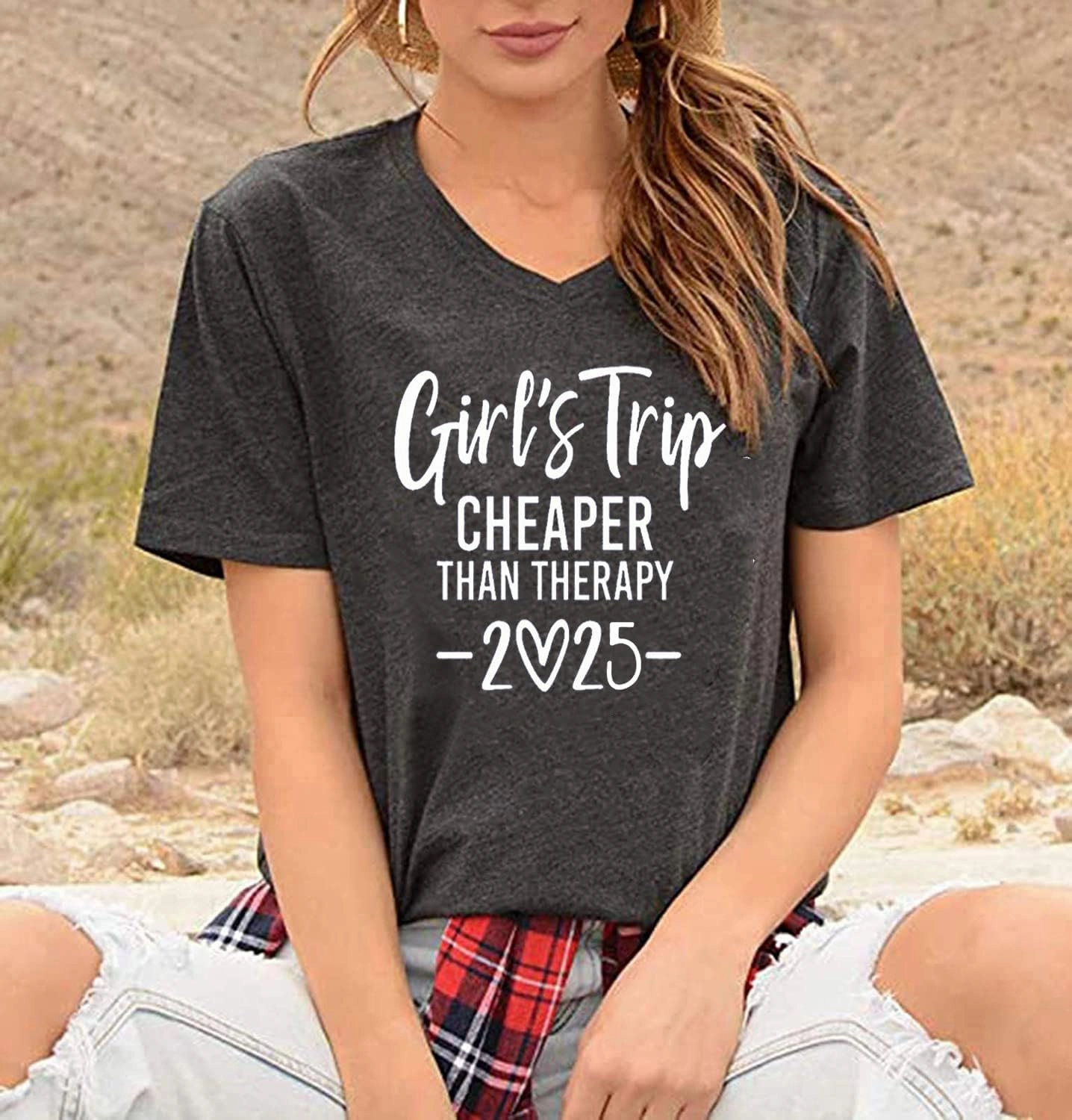 Girls Trip Cheaper Than Therapy Tshirt Women Funny Letter Print Short Sleeve V Neck T Shirt Summer Vacation Tees