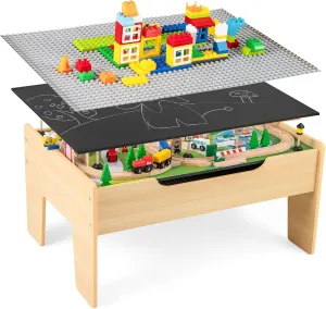 GLACER 78 Pieces Train Table, Wooden Activity Table with Reversible Top, Magnetic Fishing Rod, Storage, Tracks, Buildings, Multipurpose Painted Train Table Set for Toddlers 3-5 , Gift for Boys Girls