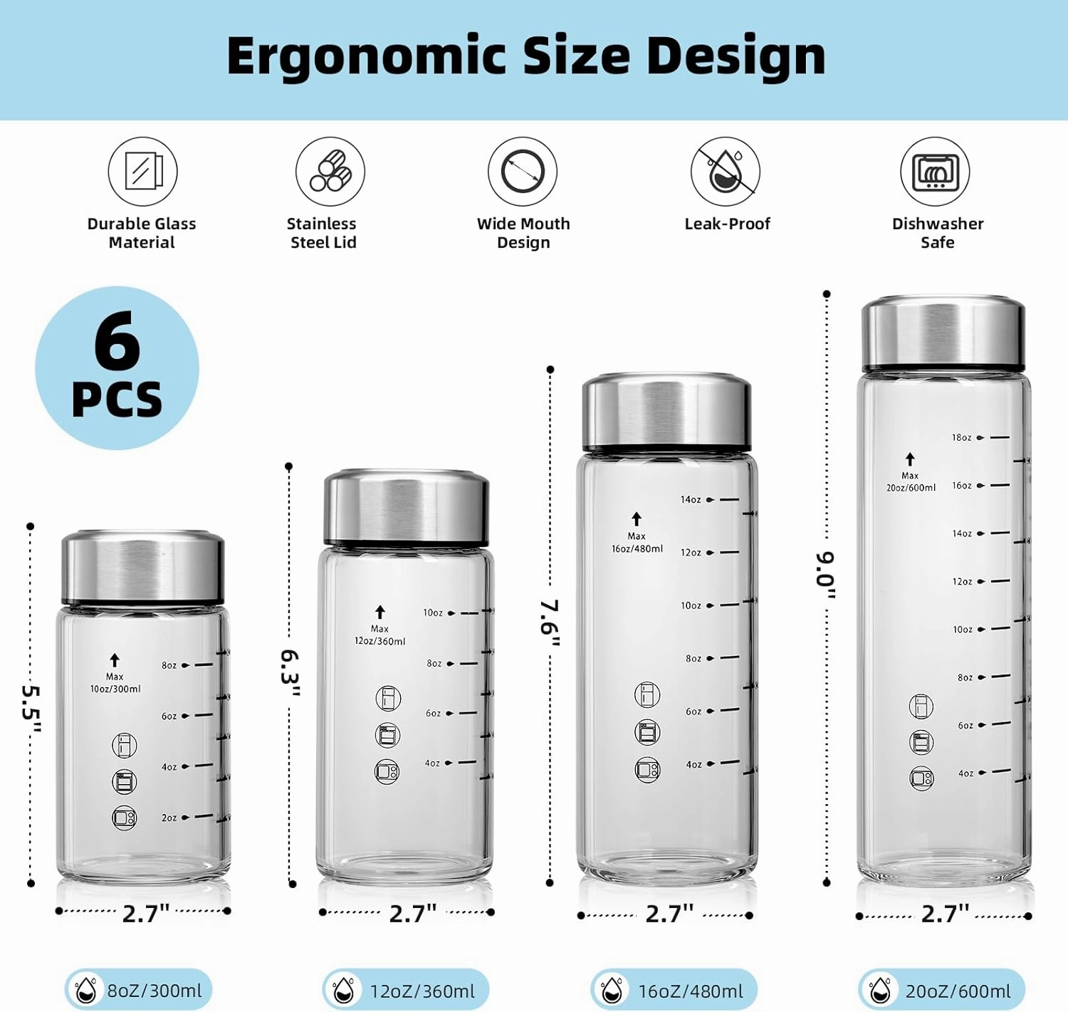 Glass Juice Bottles 6 Pack 16 oz - Wide Mouth Glass Water Bottles with Lids - Borosilicate,Stainless Steel Lids for Juicing, Smoothies, Infused Water, Beverage Storage, Leakproof, Reusable, BPA Free