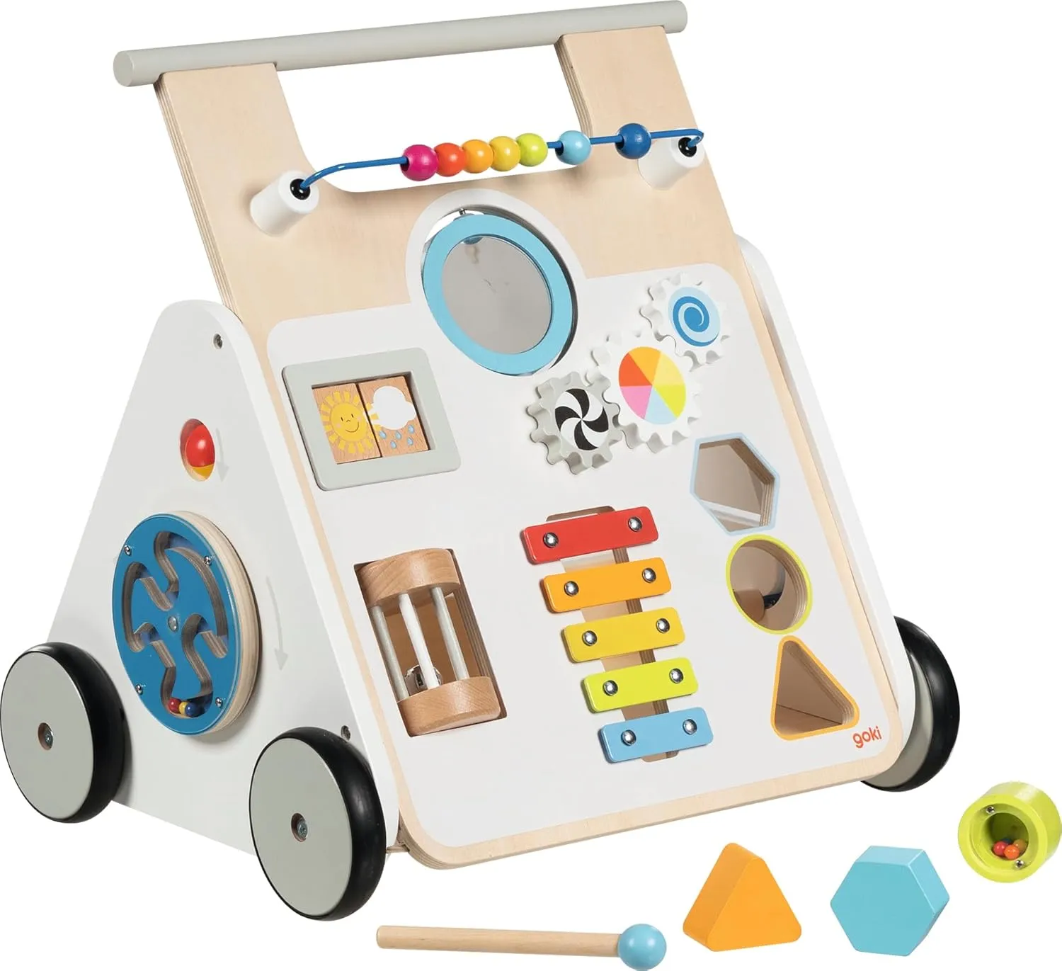 goki 59961 - KiddyCruiser walking cart made of wood, multifunctional helper for learning to walk with ball maze, xylophone, mirror, sorting box, rotary puzzles,