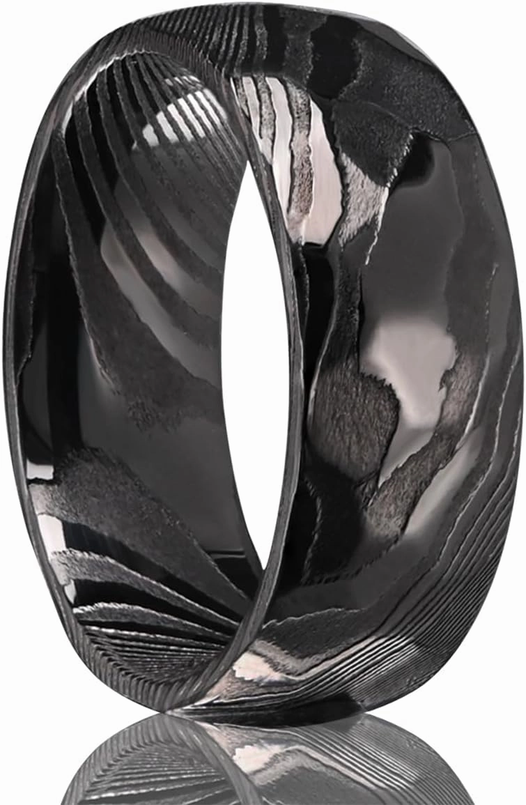 Gold Black Damascus Steel Rings for Men Women 8mm Men's Wedding Bands Classic Fashion Comfortable Fit Suitable for Couples Dating and Engagement
