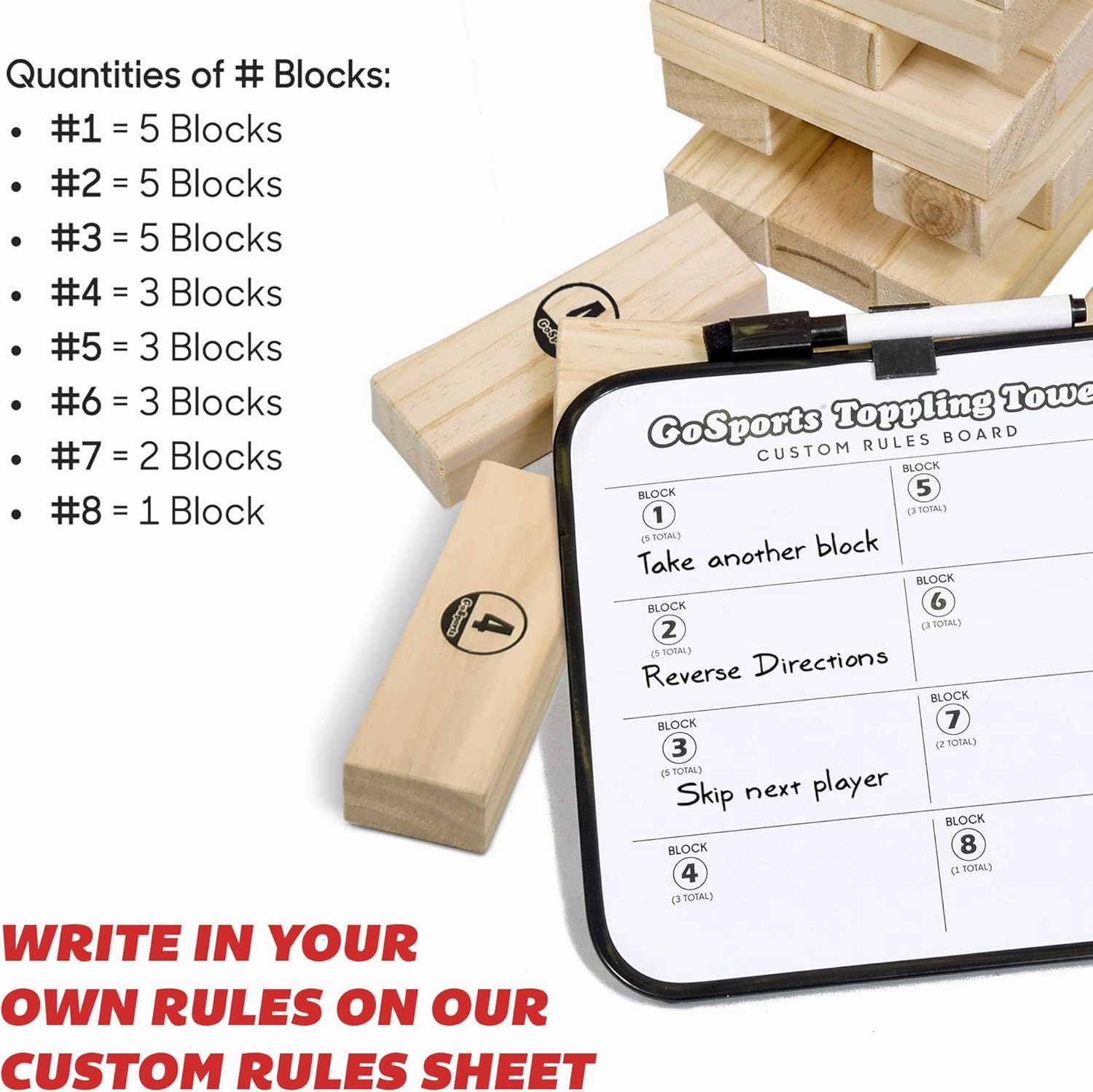 GoSports Large Wooden Stacking Game - Stacks Up to 3 ft - Choose Brown Wood Stain, Gray, or Natural - Toppling Tower