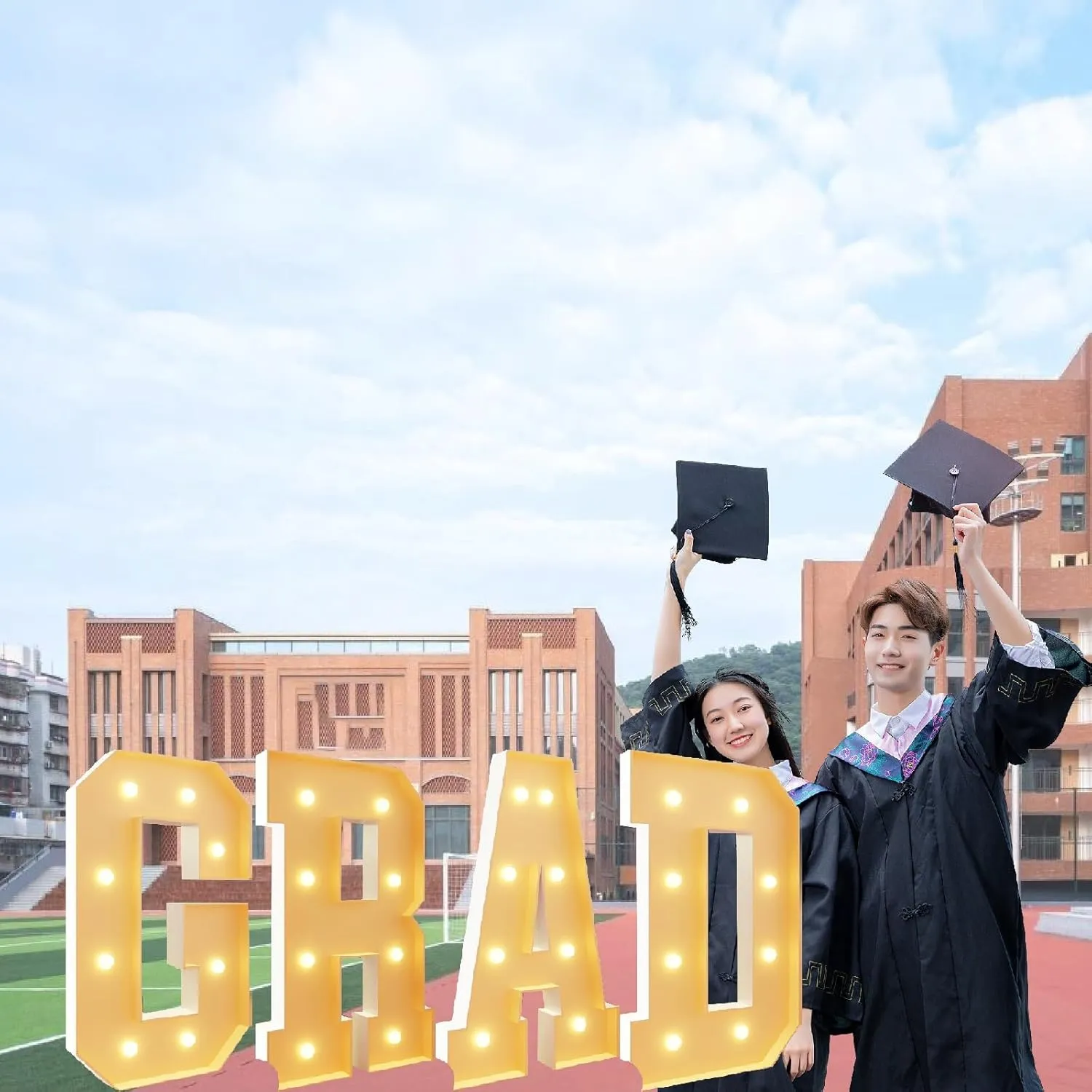Graduation Party Decoration, 3.3 FT LED Large Marquee Light Up Letter Grad Sign Mosaic Balloon Frame Set for High School College Prom Decor(2.3ft)