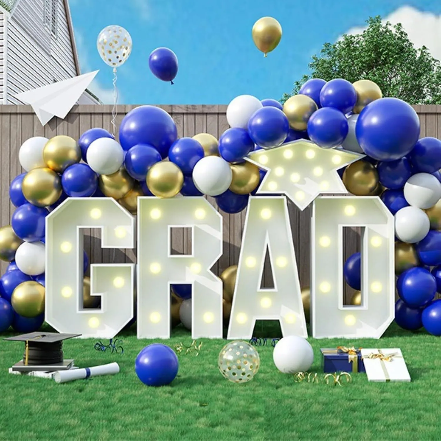 Graduation Party Decoration, 3.3 FT LED Large Marquee Light Up Letter Grad Sign Mosaic Balloon Frame Set for High School College Prom Decor(2.3ft)