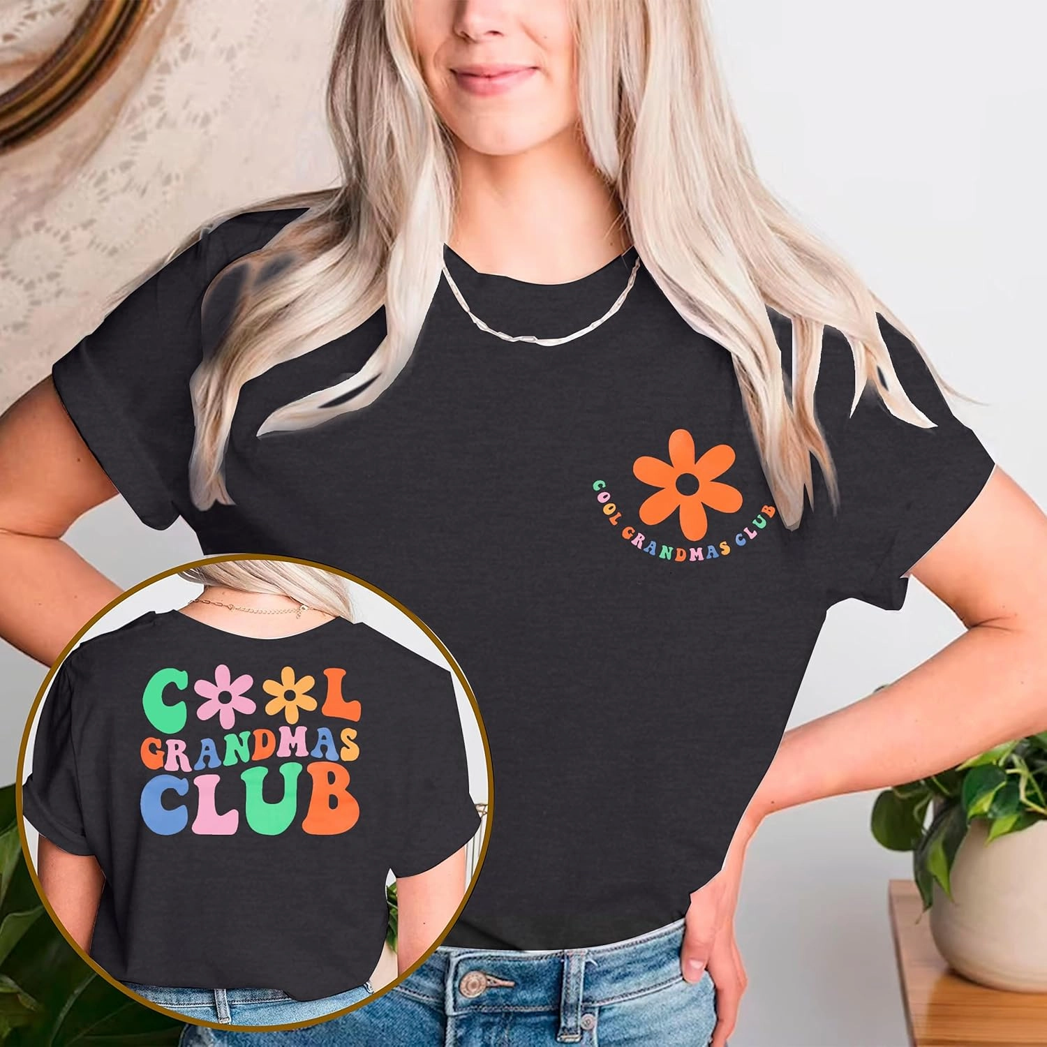 Grandma Shirt Woman Cool Grandma Club T-Shirt Floral Graphic Tee Nana Gifts Shirts Funny Letter Print Tops