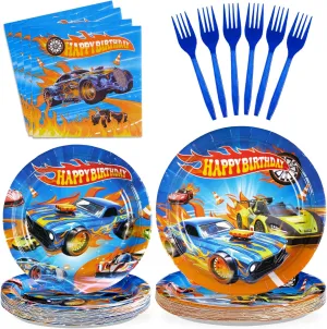 Grencian 96Pcs Racing Car Birthday Decorations for Boys Hot Car Party Plates and Napkins Tableware Sets Hot Cars Birthday Decorations for Kids Race Sports Game Themed Party Favors Supplies Serves 24
