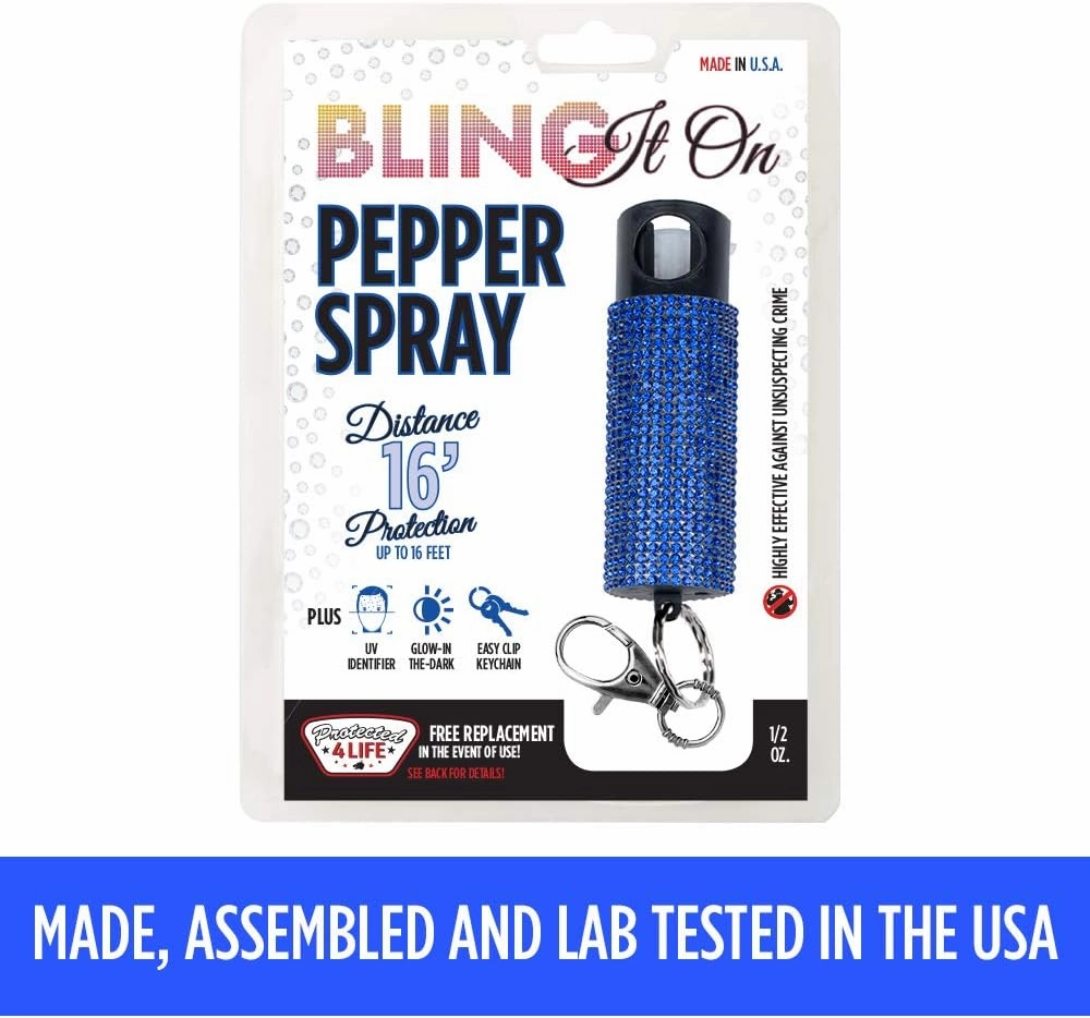 Guard Dog Security Bling it On Pepper Spray Keychain with Safety Twist Top Mini and Easy Carry Lightweight and Fashionable Maximum Police Strength OC Spray 16 Feet Range 0.5 fl oz
