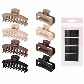 Hair Clips Set | 8 Matte Non-Slip Claw Clips (4.3"/3.5")   60Pcs 2" Black Bobby Pins | All-in-One Set for Thick/Thin Hair | Secure Hold for All Hair Types, Neutral Colors