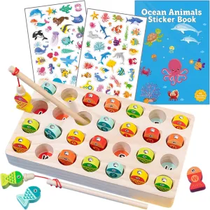 Haktoys Montessori Fishing Toys Magnetic Wooden Fish Games - Two Fishing Poles, Board Game for 1-2 Players, Safe & Burr-Free Educational Toy for Kids & Toddlers