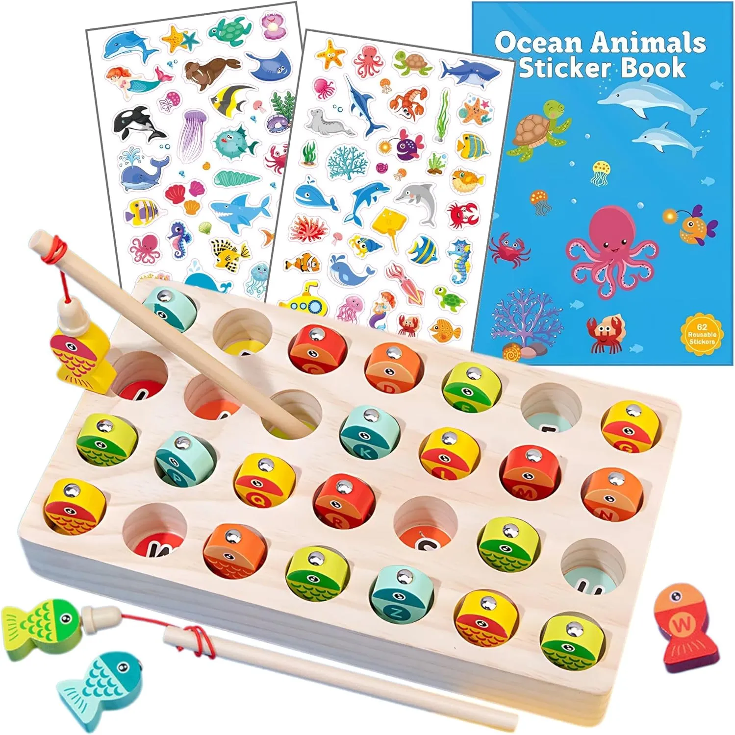 Haktoys Montessori Fishing Toys Magnetic Wooden Fish Games - Two Fishing Poles, Board Game for 1-2 Players, Safe & Burr-Free Educational Toy for Kids & Toddlers