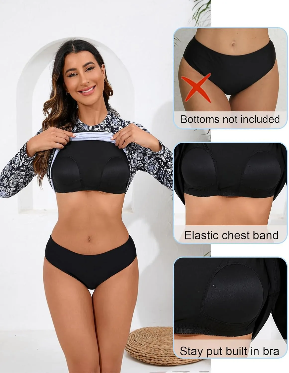 Halcurt Womens Long Sleeve Rash Guard Swim Top with Built in Bra UPF50  Sun Protection Swim Shirts Quick Dry Swimsuit