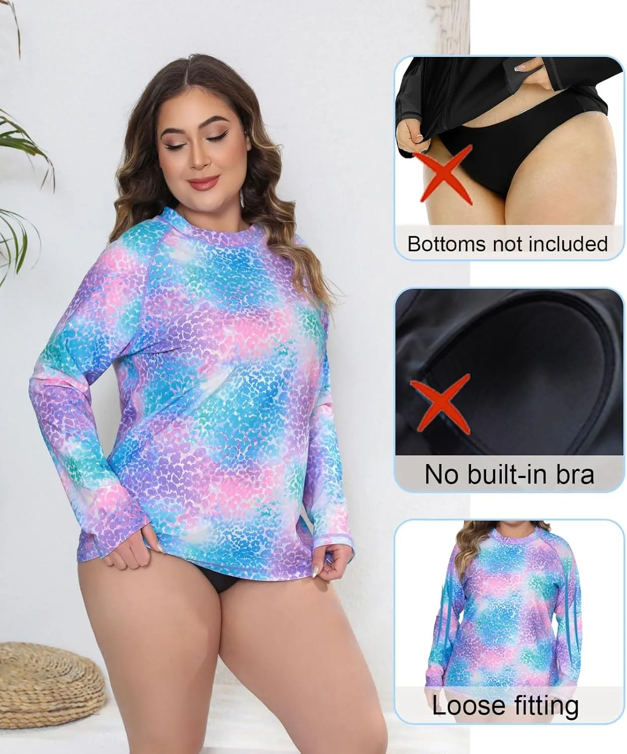 Halcurt Women's Plus Size Long Sleeve Rash Guard Shirts Swim Top UPF50  Sun Protection Loose Fit Quick Dry Swimsuit