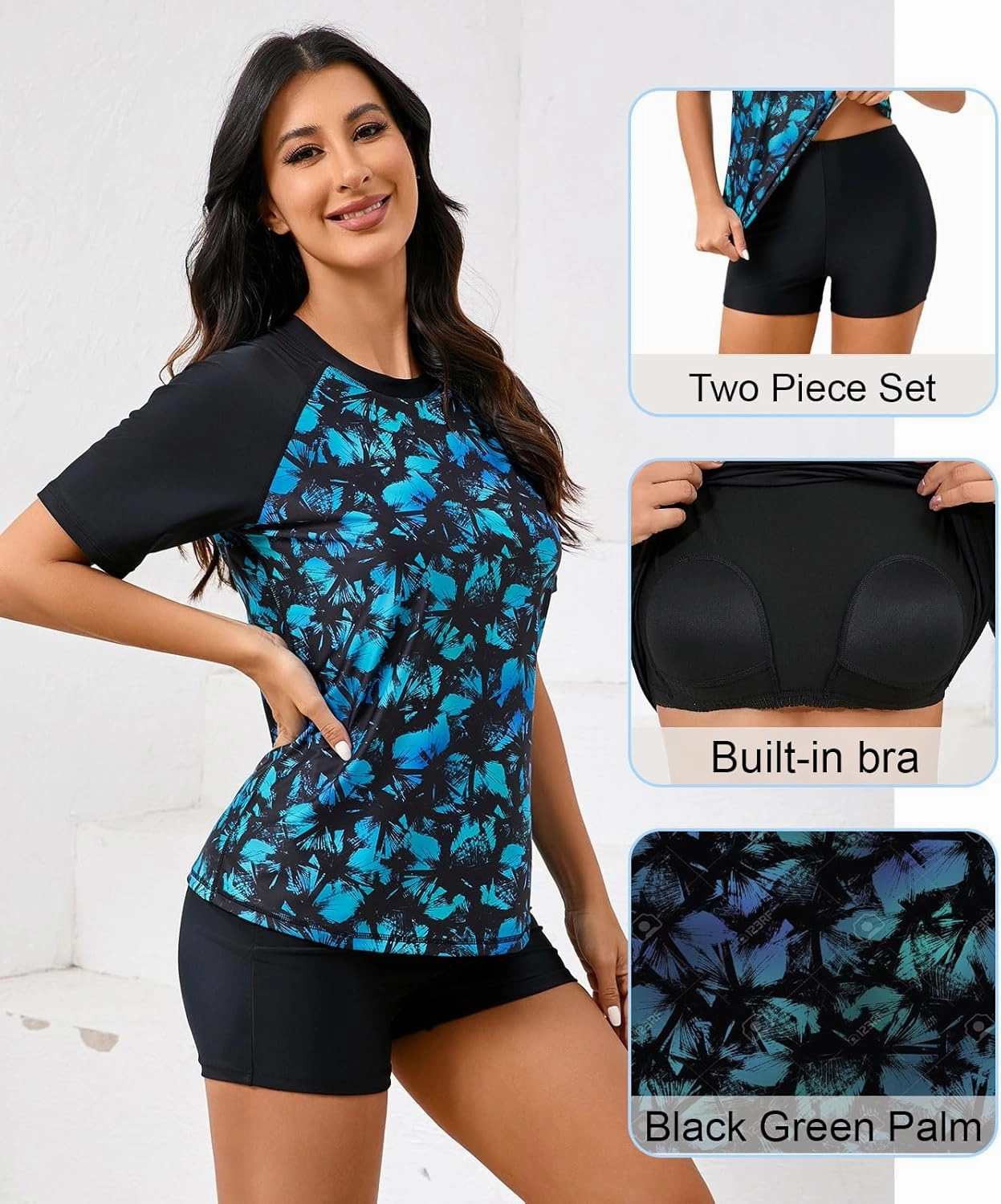 Halcurt Women's Built in Bra Rash Guard UPF 50 Two Piece Swimsuit Shirt and Board Shorts