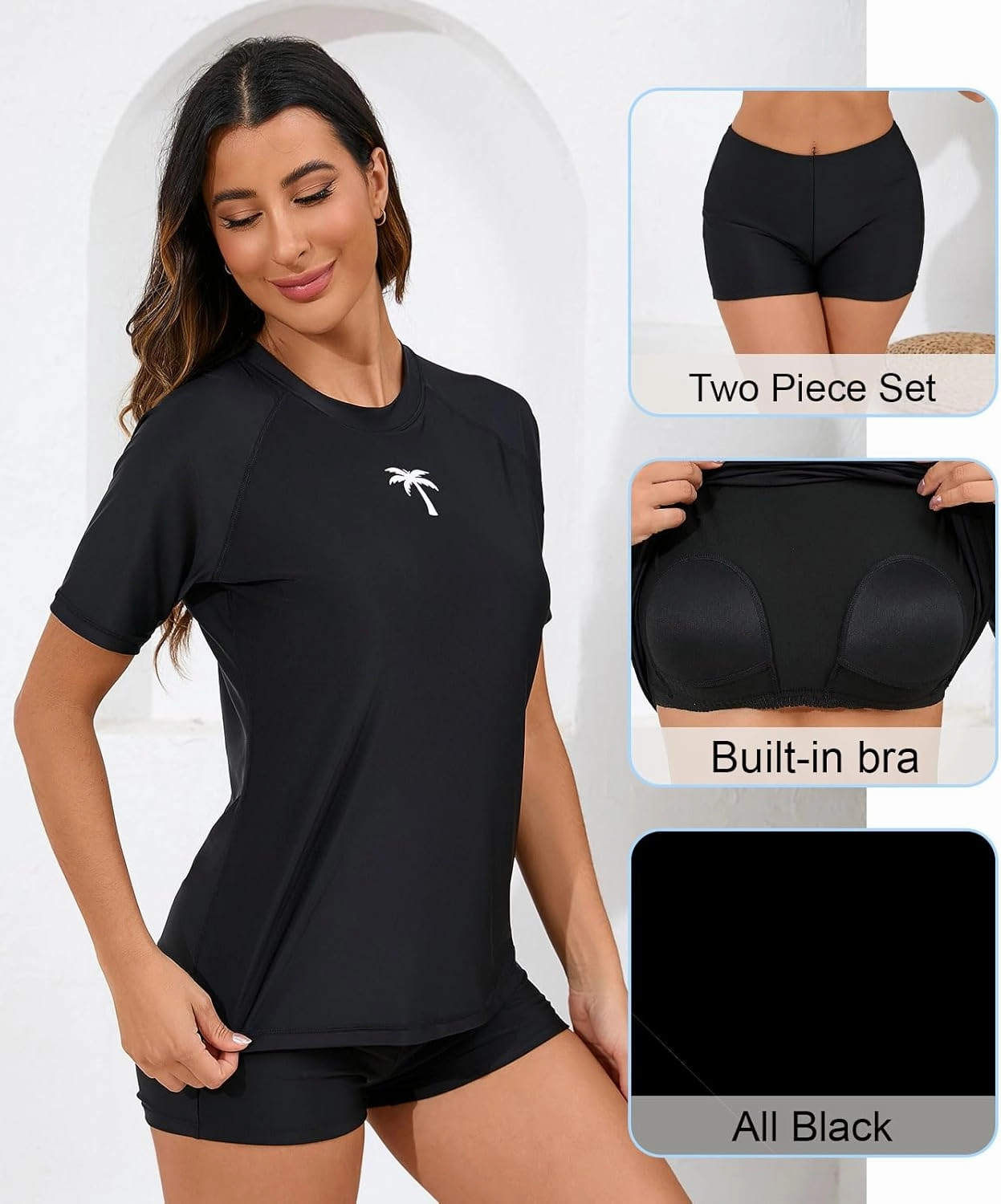 Halcurt Women's Built in Bra Rash Guard UPF 50 Two Piece Swimsuit Shirt and Board Shorts