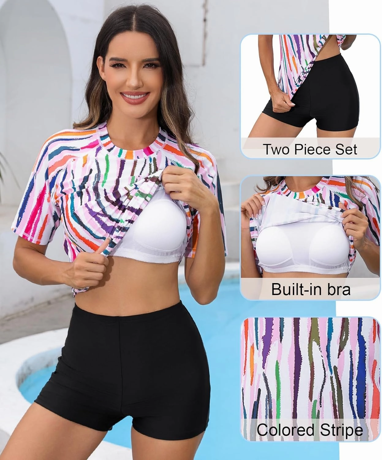 Halcurt Women's Built in Bra Rash Guard UPF 50 Two Piece Swimsuit Shirt and Board Shorts