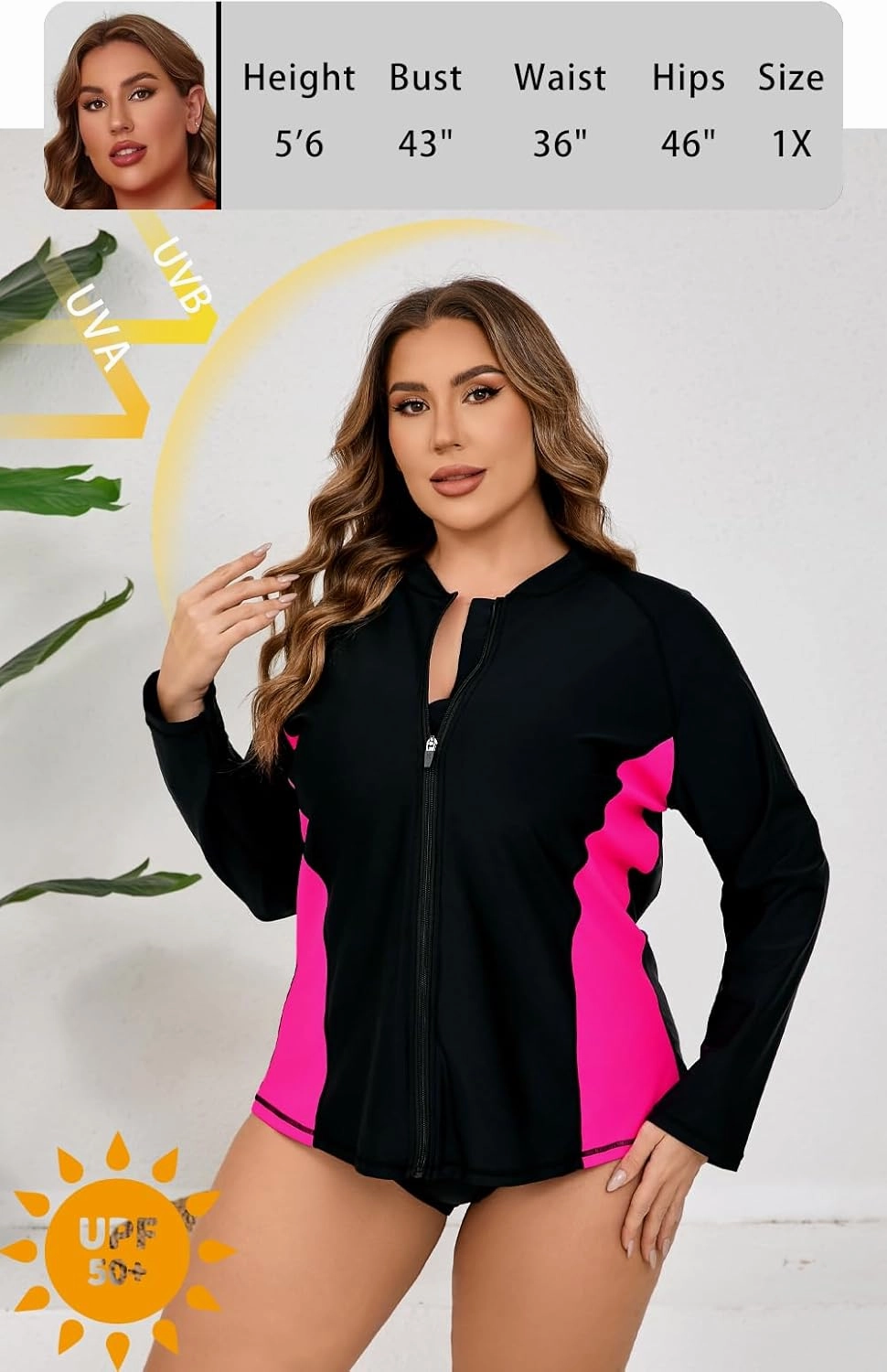 Halcurt Women's Plus Size Long Sleeve Rash Guard Shirts Full Zip Swim Top UPF50  Loose Fit Quick Dry Swimsuit
