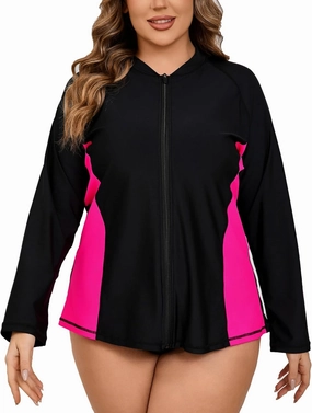 Halcurt Women's Plus Size Long Sleeve Rash Guard Shirts Full Zip Swim Top UPF50  Loose Fit Quick Dry Swimsuit
