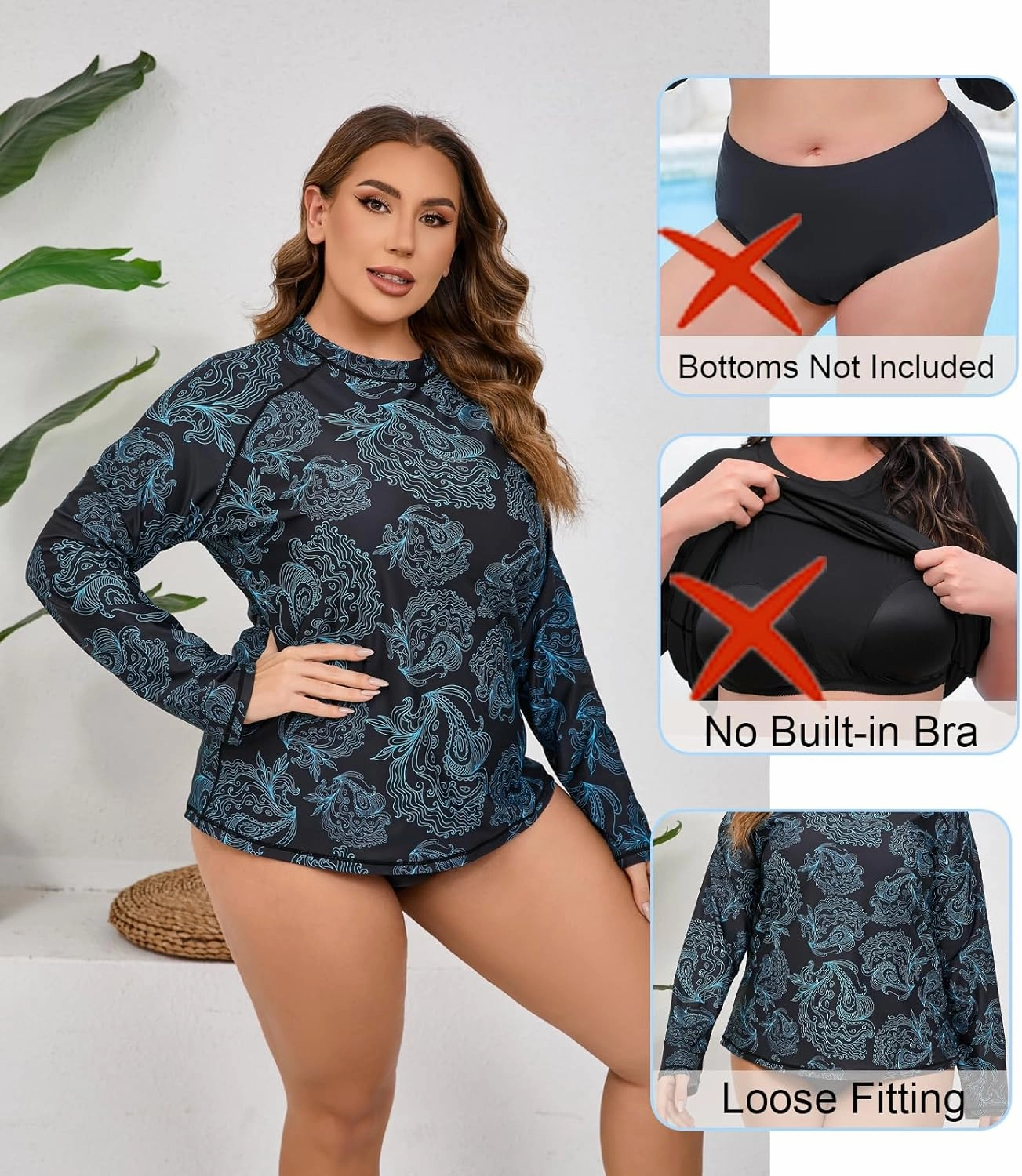 Halcurt Women's Plus Size Long Sleeve Rash Guard Shirts Swim Top UPF50  Sun Protection Loose Fit Quick Dry Swimsuit