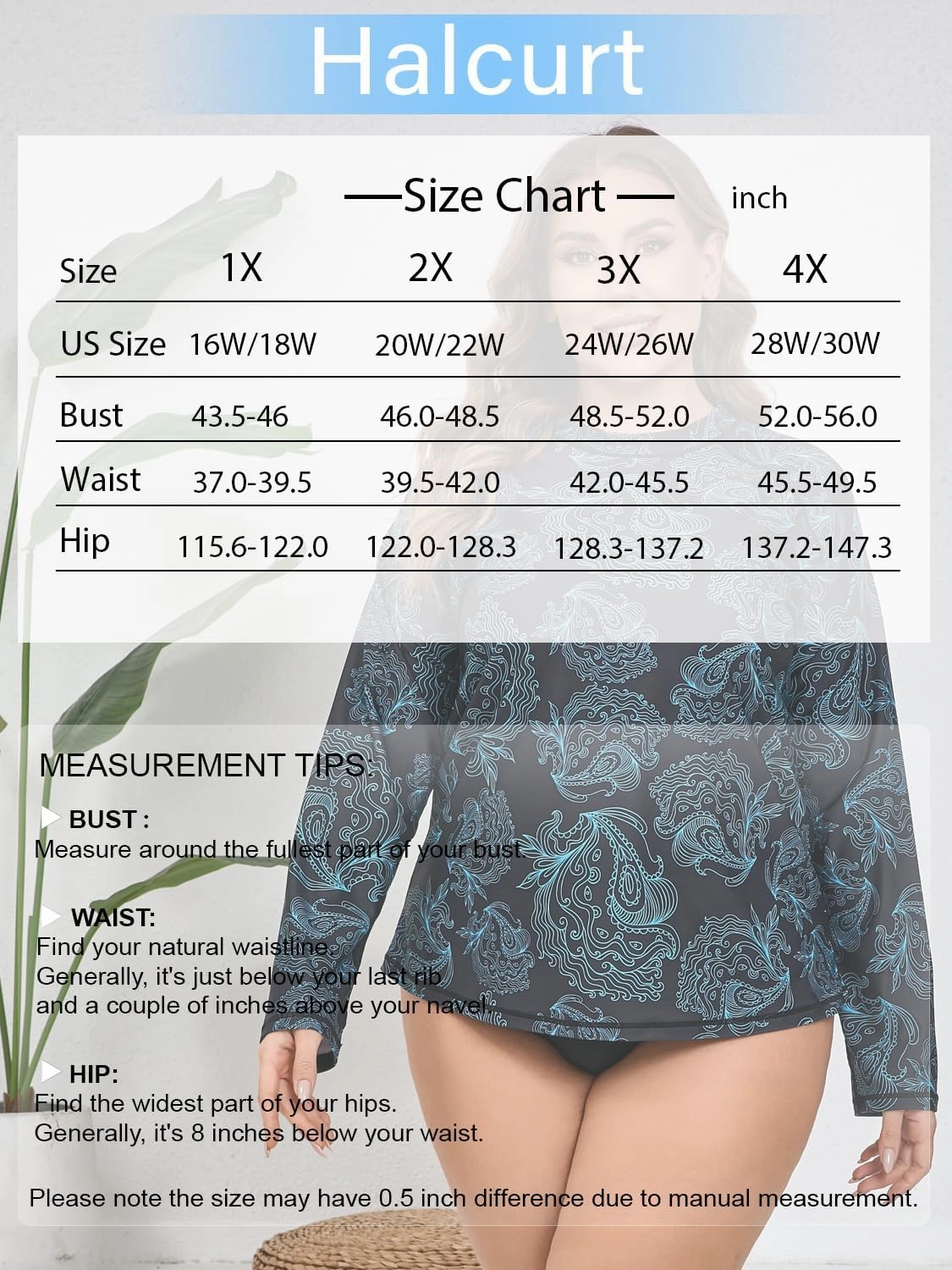 Halcurt Women's Plus Size Long Sleeve Rash Guard Shirts Swim Top UPF50  Sun Protection Loose Fit Quick Dry Swimsuit