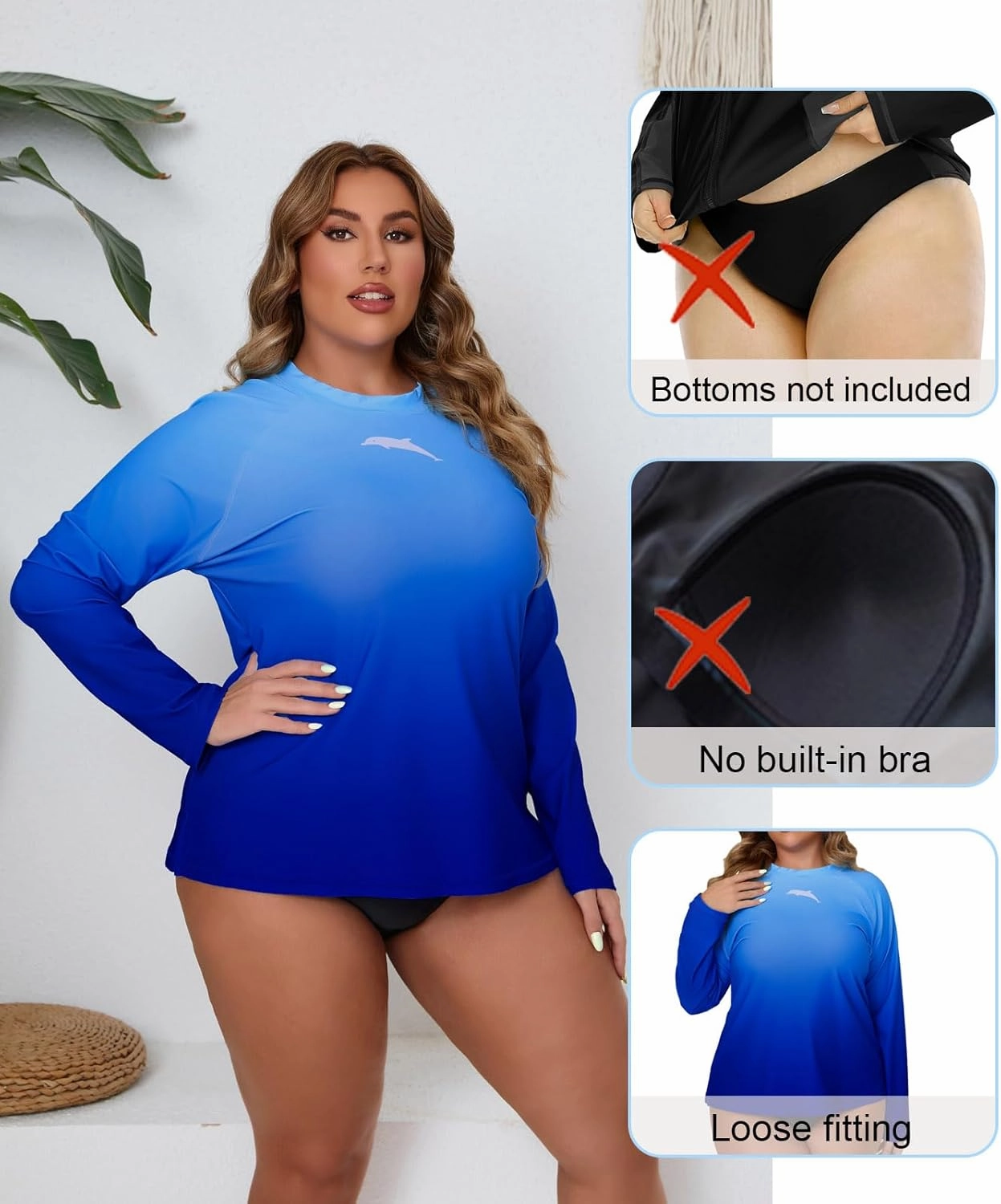 Halcurt Women's Plus Size Long Sleeve Rash Guard Shirts Swim Top UPF50  Sun Protection Loose Fit Quick Dry Swimsuit