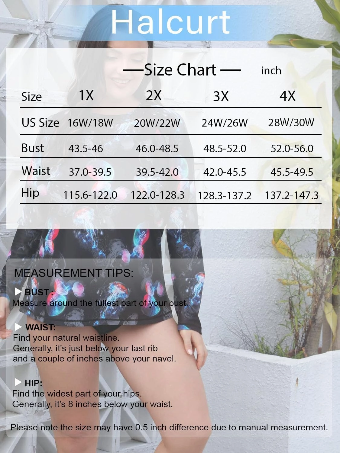 Halcurt Women's Plus Size Long Sleeve Rash Guard Shirts Swim Top UPF50  Sun Protection Loose Fit Quick Dry Swimsuit