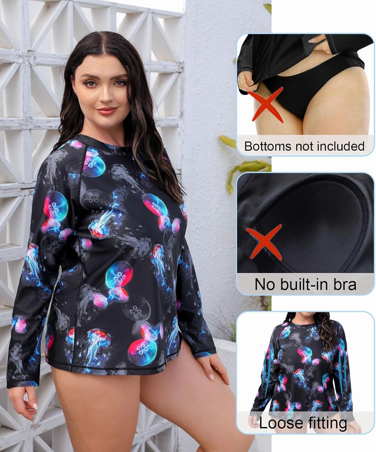 Halcurt Women's Plus Size Long Sleeve Rash Guard Shirts Swim Top UPF50  Sun Protection Loose Fit Quick Dry Swimsuit