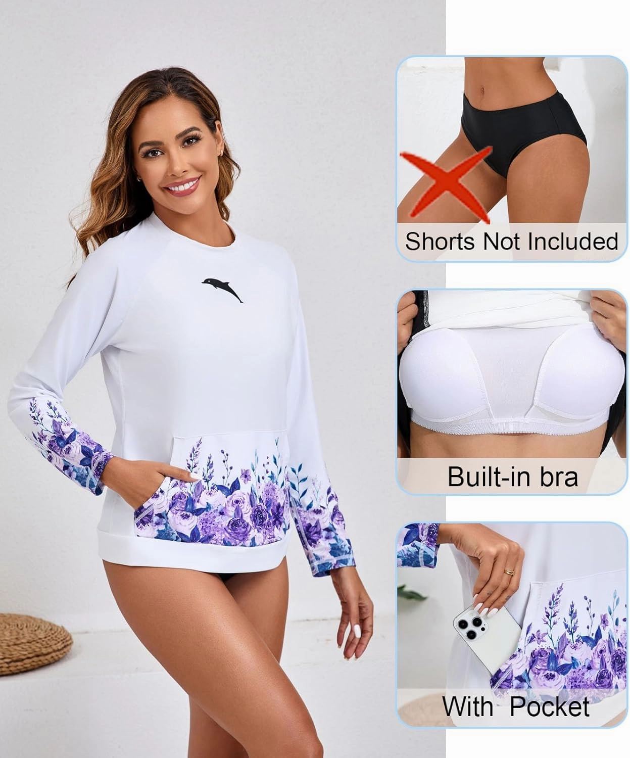 Halcurt Womens Long Sleeve Rash Guard Swim Top with Built in Bra UPF50  Sun Protection Swim Shirts Quick Dry Swimsuit