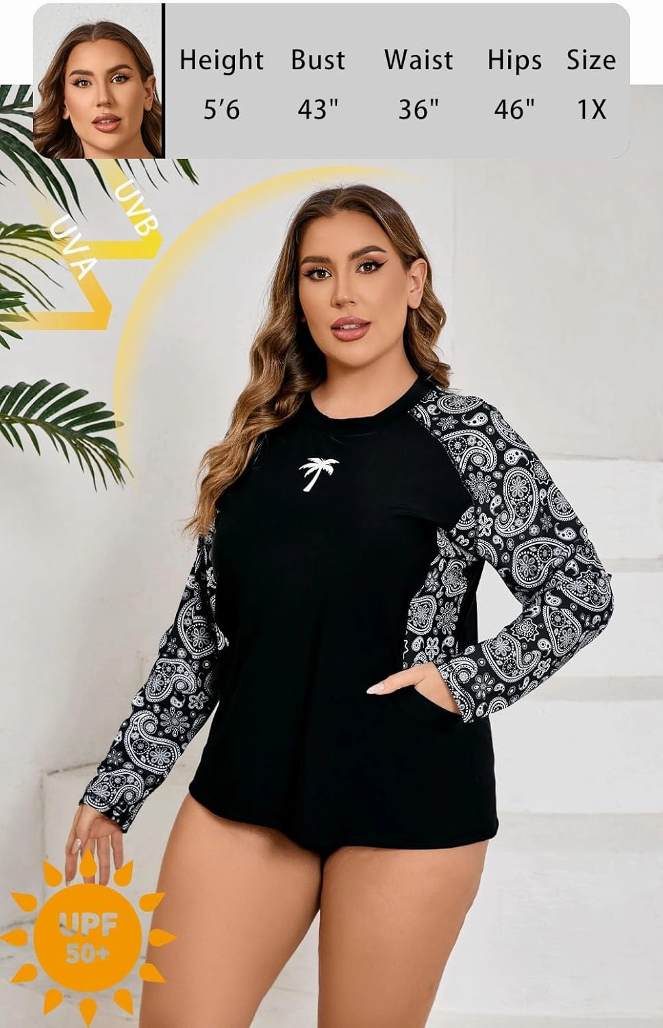 Halcurt Womens Plus Size Long Sleeve Rash Guard Swim Top with Built in Bra Loose Fit UPF50  Sun Protection Swimsuit