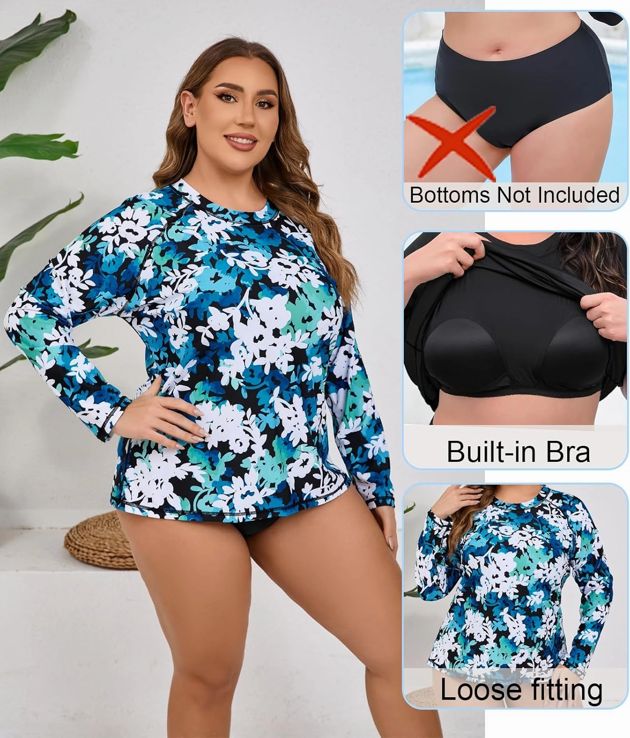 Halcurt Womens Plus Size Long Sleeve Rash Guard Swim Top with Built in Bra Loose Fit UPF50  Sun Protection Swimsuit