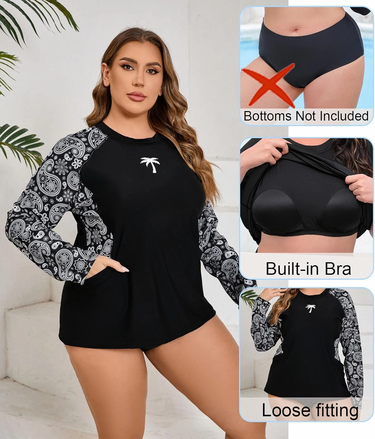 Halcurt Womens Plus Size Long Sleeve Rash Guard Swim Top with Built in Bra Loose Fit UPF50  Sun Protection Swimsuit
