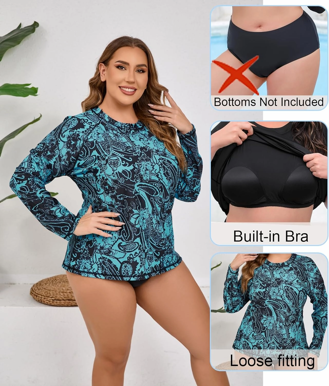 Halcurt Womens Plus Size Long Sleeve Rash Guard Swim Top with Built in Bra Loose Fit UPF50  Sun Protection Swimsuit