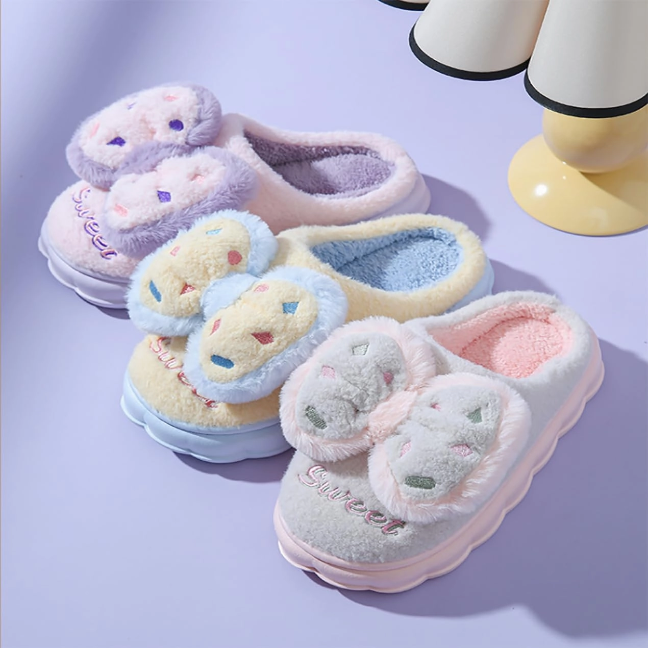 HANDKEI Women's cute bow anti slip thick rubber sole plush slippers for home and indoor use