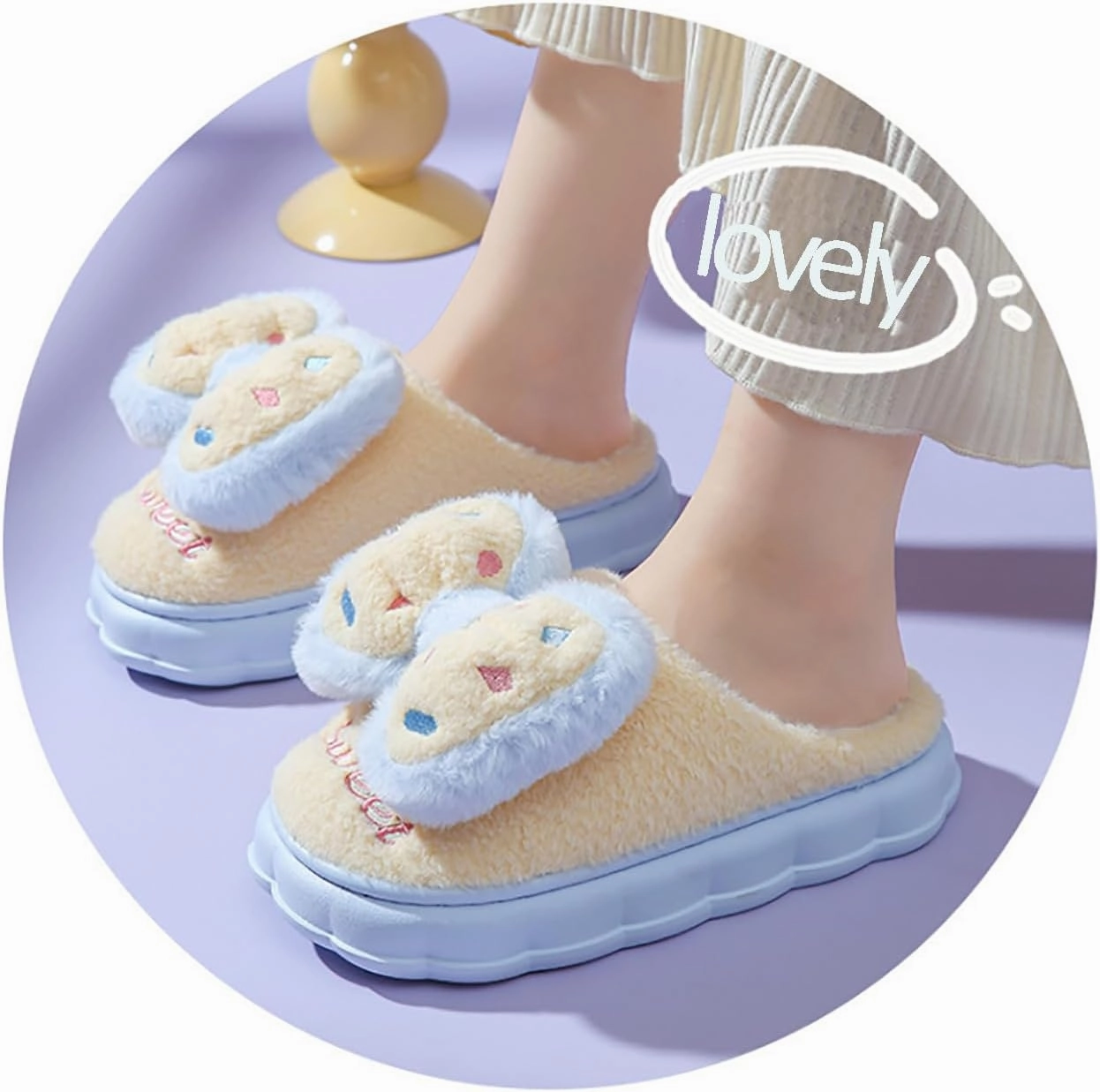 HANDKEI Women's cute bow anti slip thick rubber sole plush slippers for home and indoor use