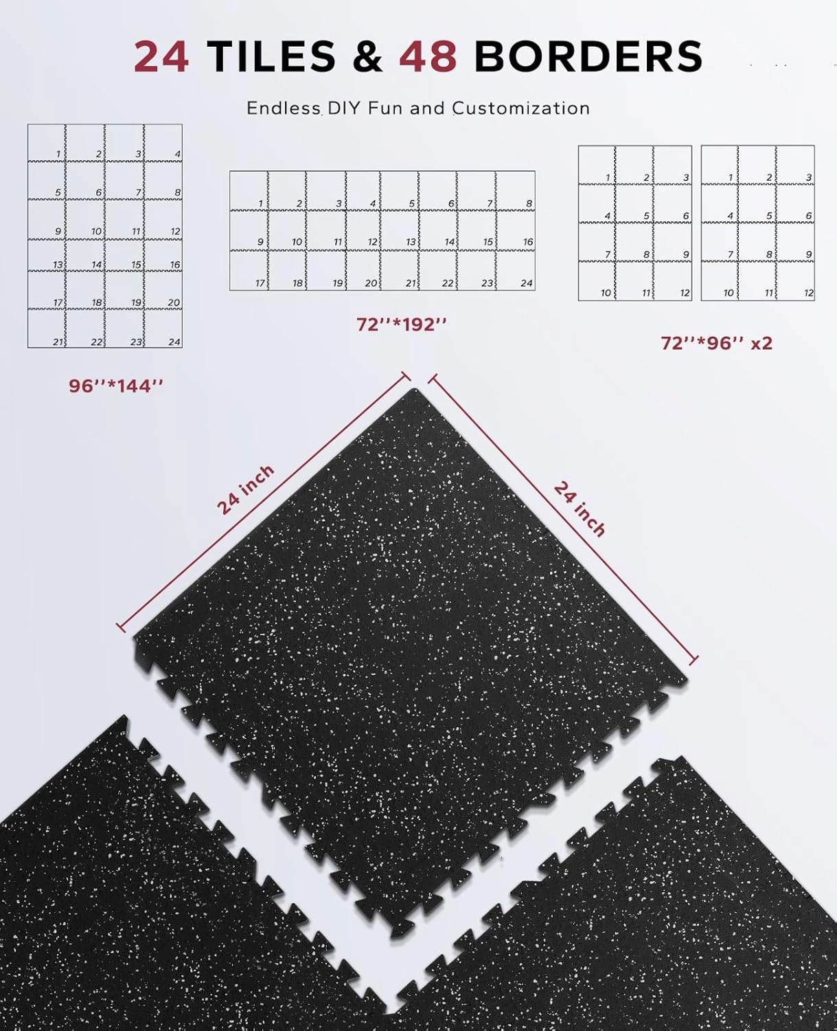 HAPBEAR 0.56'' Thick 12 Pcs 48 Sq Ft Exercise Equipment Mats - High-Density Rubber Top EVA Foam Interlocking Mats, 24x24in Tiles, Heavy-Duty Treadmill Mat for Hardwood Floors, Home Gym Mat