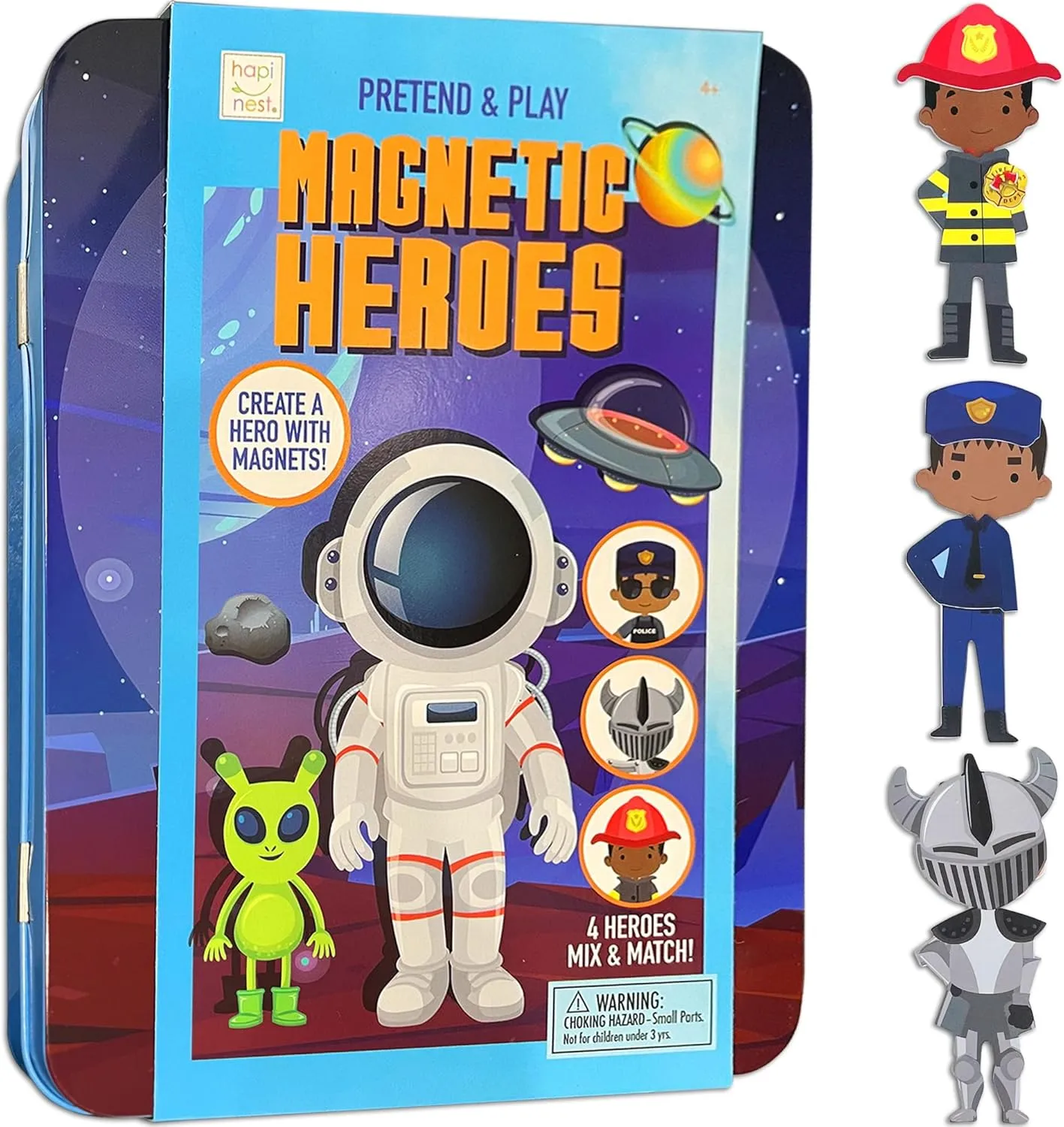Hapinest Magnetic Heroes Pretend and Play Travel Playset Toy for Boys Ages 4 Years and Up, Fireman, Policeman, Knight, Astronaut