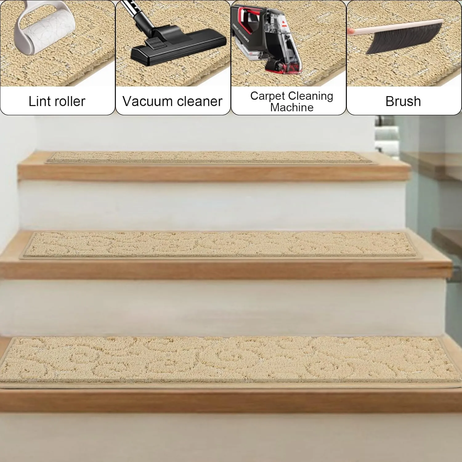 HEBE Carpet Stair Treads Non Slip 15 PCS 8" X 30" Edging Stair Runner for Wooden Steps Indoor Self Adhesive Stair Rugs Runners Reusable Staircase Step Treads Mat for Kids,Elders,Pets