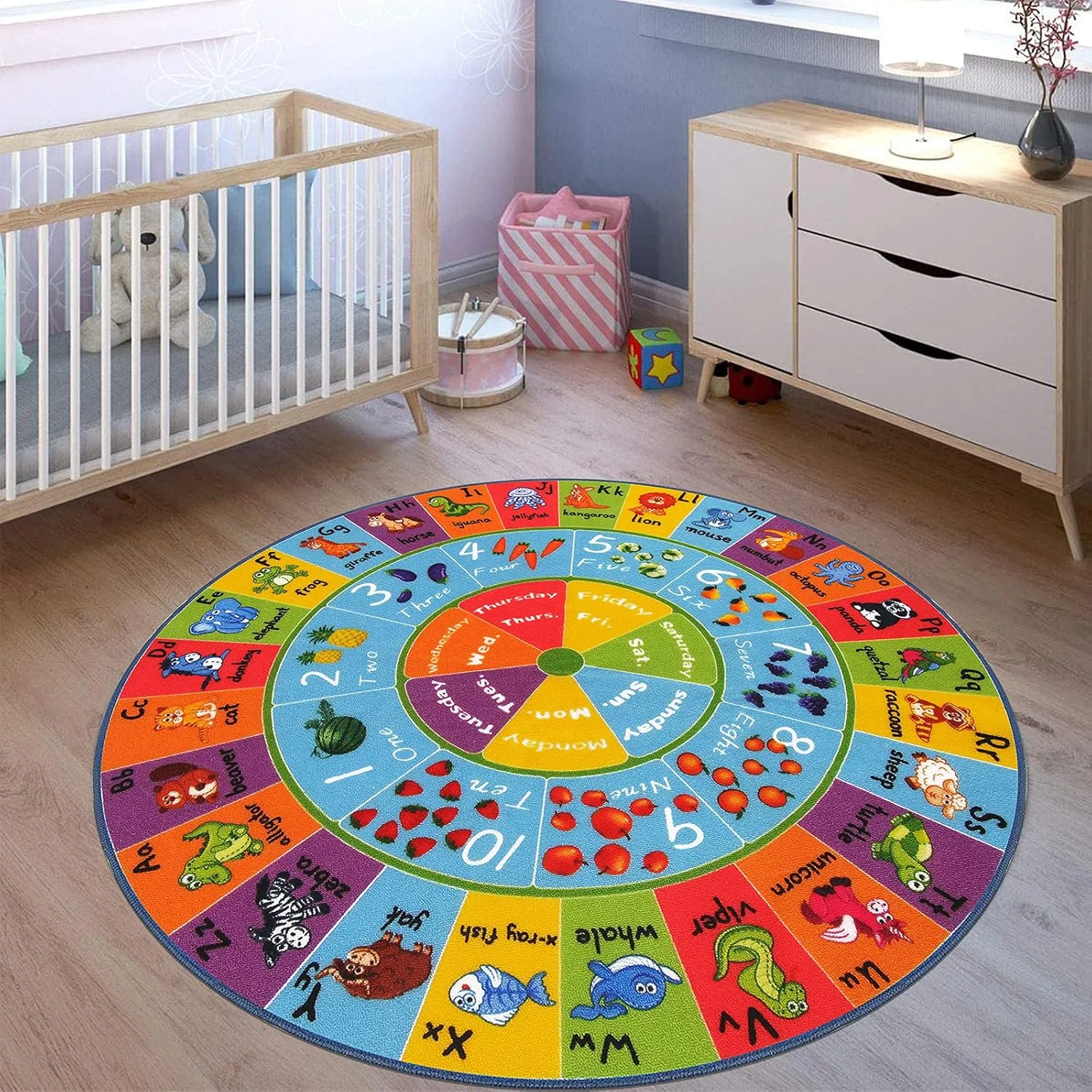HEBE Kids Play Rug 4ft ABC Alphabet Numbers Shapes Educational Kid Area Rug Washable Baby Crawling Mat Non Slip Kid Play Mat Carpet for Girl Boy Bedroom Playroom