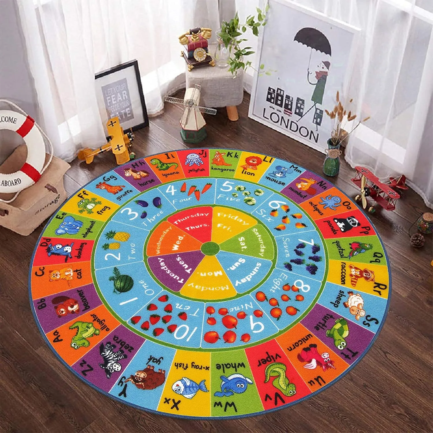 HEBE Kids Play Rug 4ft ABC Alphabet Numbers Shapes Educational Kid Area Rug Washable Baby Crawling Mat Non Slip Kid Play Mat Carpet for Girl Boy Bedroom Playroom