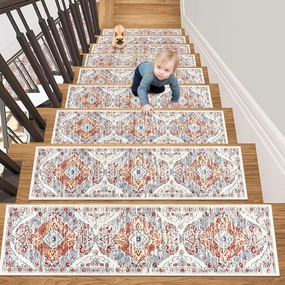 HEBE Rubber Carpet Stair Treads for Wooden Steps Non Slip 4 Pack Indoor Staircase Step Treads Reusable Stair Runner Mats for Dogs and Kids Stairway Grip Step Treads Carpet