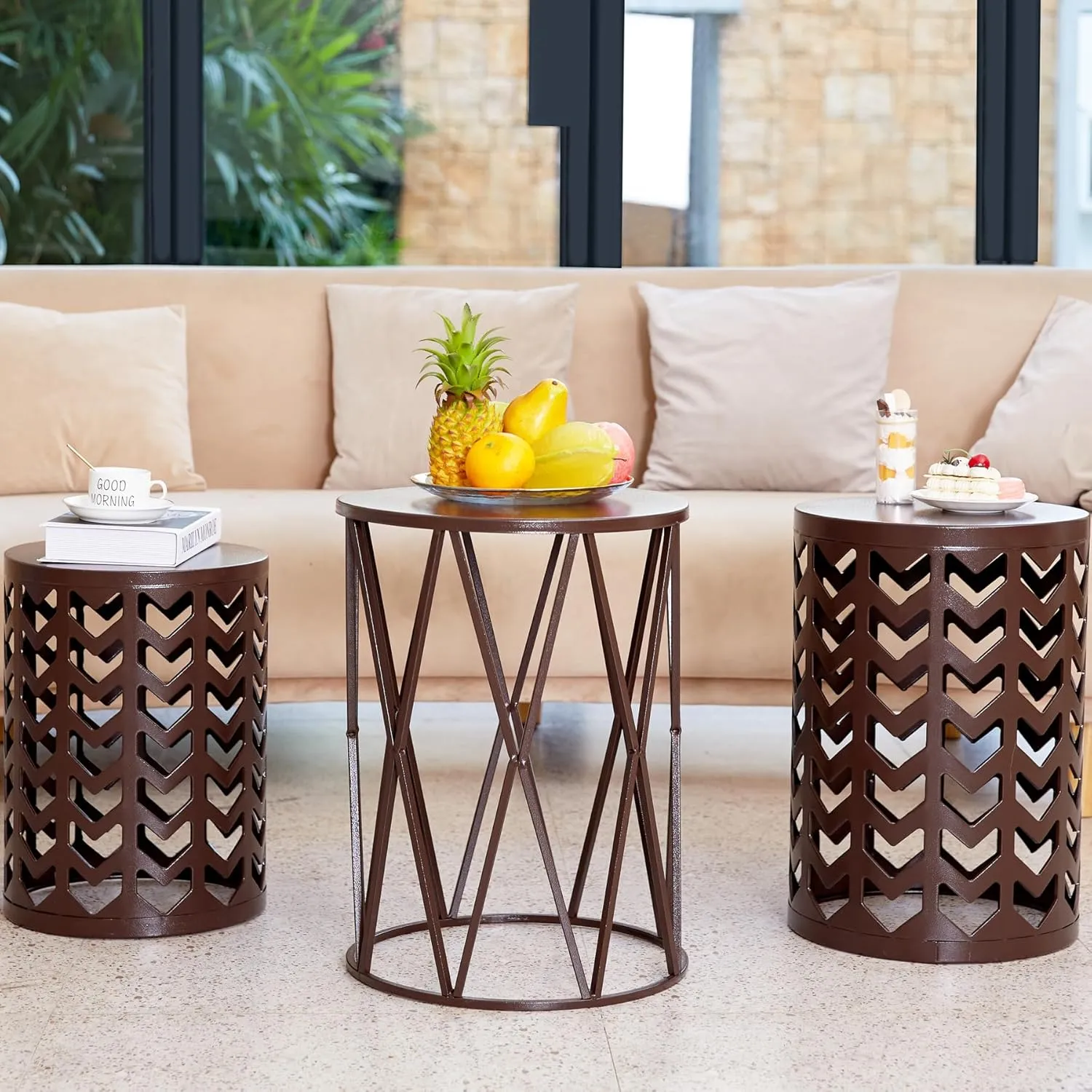 HFHOME Round Nesting Coffee Tables, Set of 3 End Tables for Living Room Balcony Office, Heavy Duty Metal Stacking Side Tables for Home Indoor - Brown