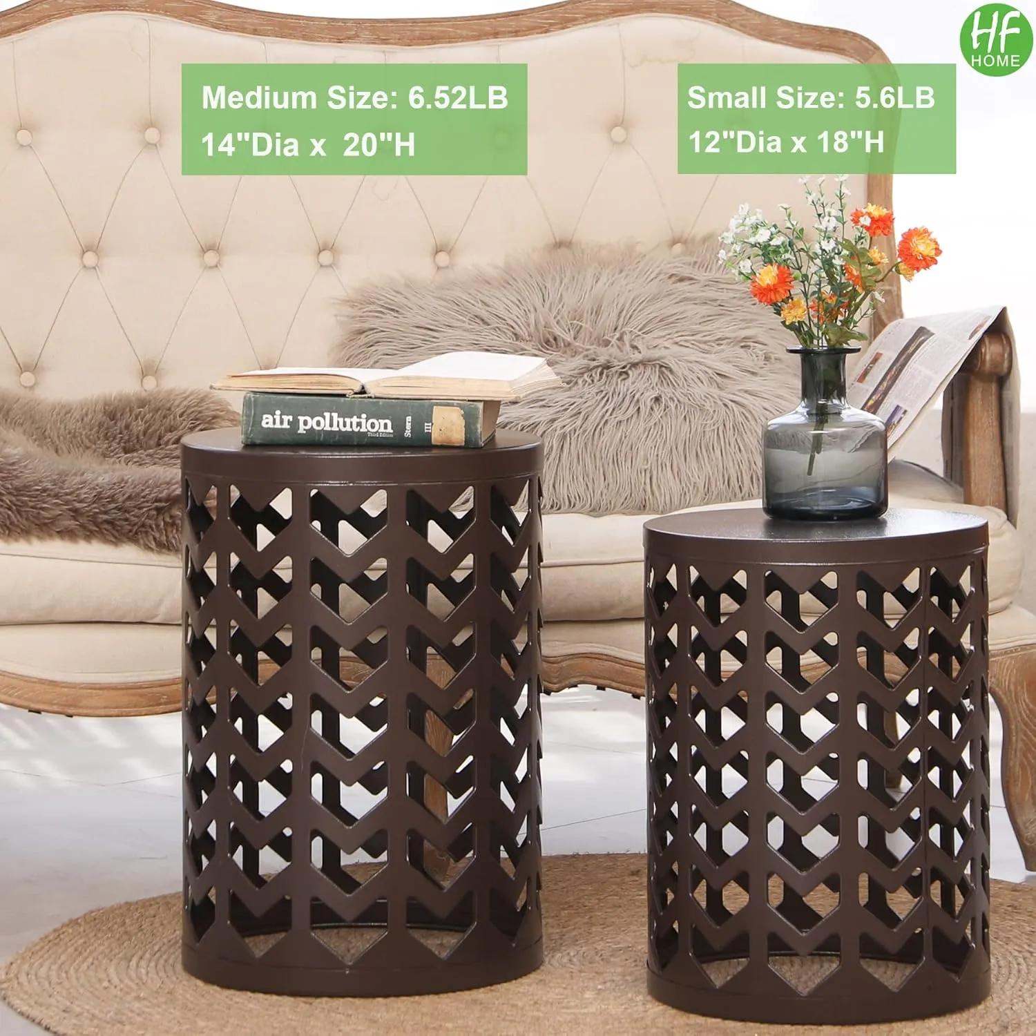 HFHOME Round Nesting Coffee Tables, Set of 3 End Tables for Living Room Balcony Office, Heavy Duty Metal Stacking Side Tables for Home Indoor - Brown