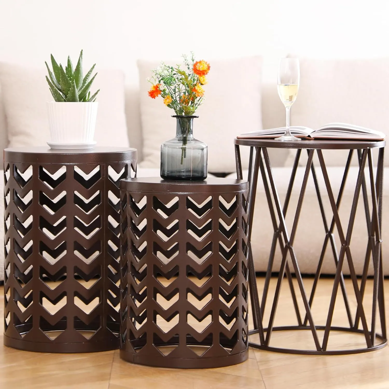 HFHOME Round Nesting Coffee Tables, Set of 3 End Tables for Living Room Balcony Office, Heavy Duty Metal Stacking Side Tables for Home Indoor - Brown