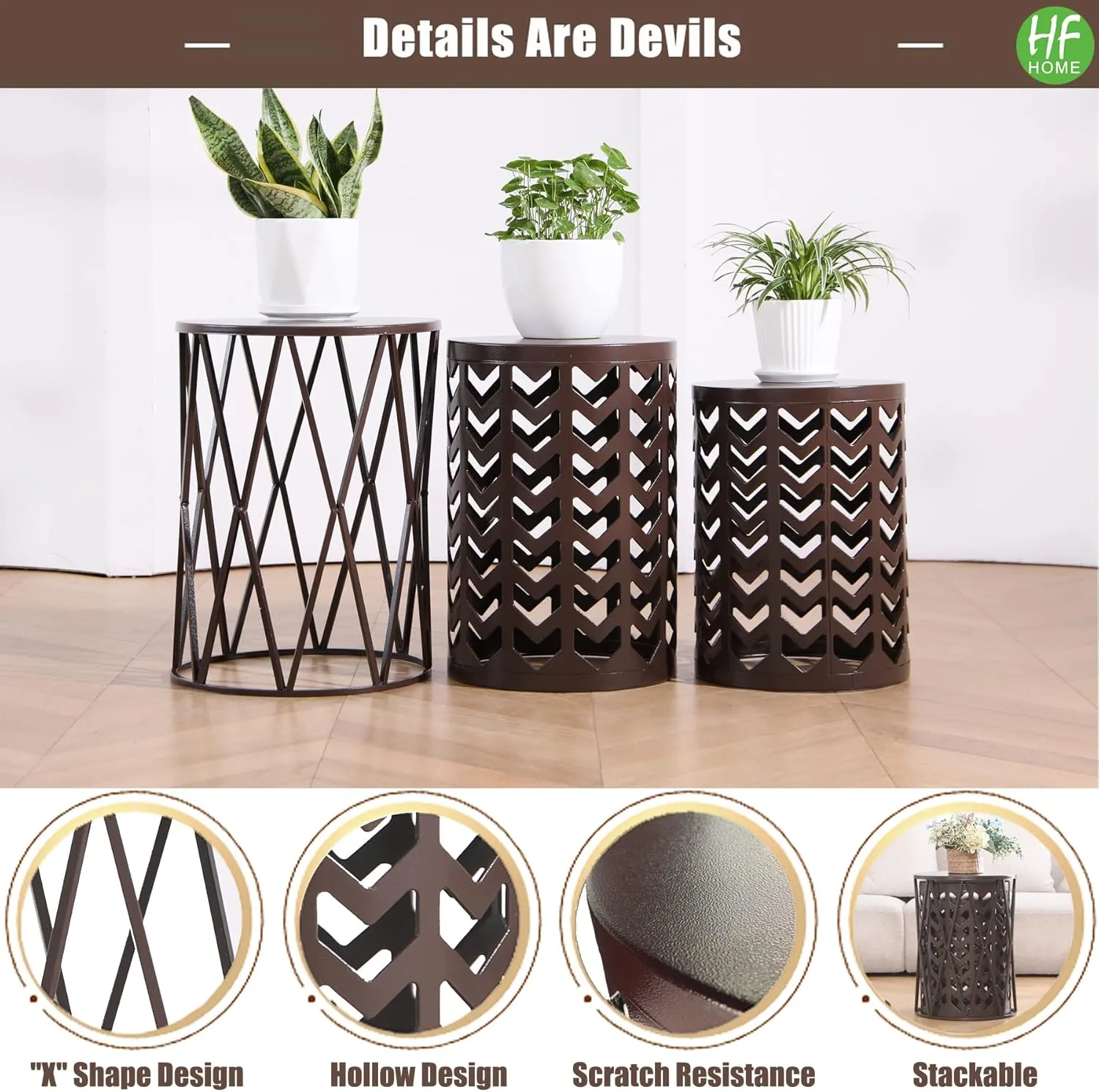 HFHOME Round Nesting Coffee Tables, Set of 3 End Tables for Living Room Balcony Office, Heavy Duty Metal Stacking Side Tables for Home Indoor - Brown