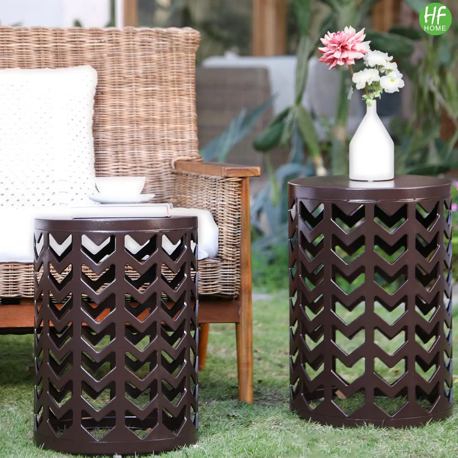 HFHOME Round Nesting Coffee Tables, Set of 3 End Tables for Living Room Balcony Office, Heavy Duty Metal Stacking Side Tables for Home Indoor - Brown